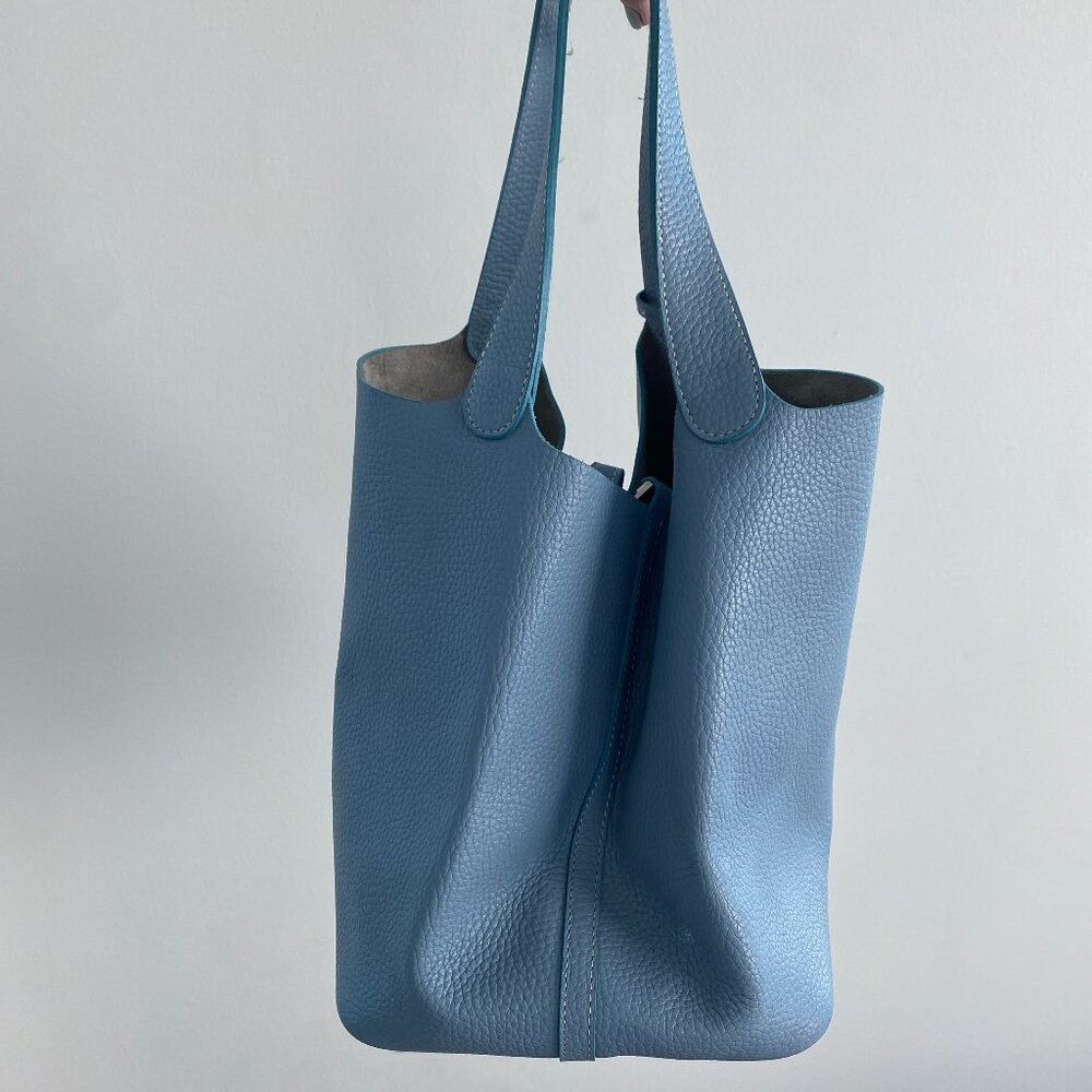 Light Blue Pebbled Leather Bucket Bag Lock Clemence Taurillon Picotin Bag